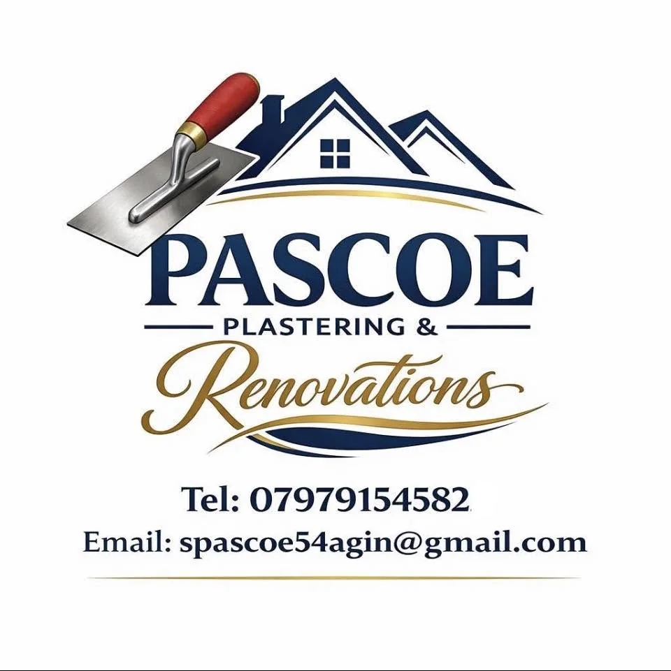 Pascoe Plastering and Renovations full company logo with telephone and email
